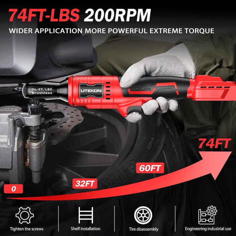 LITEKON Cordless Ratchet Wrench Set Compatible with Mil-Waukee 20V Max Battery (No Battery) - 74Ft-lbs 650 RPM High Power 3/8-inch Brushless Electric Power Ratchet Wrench Tool with LED Light - Image 2